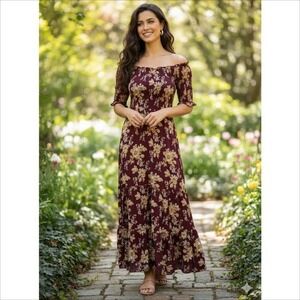 Natural Life Daisy Maxi Dress Burgundy Floral Smocked Women's Sz M Boho Prairie